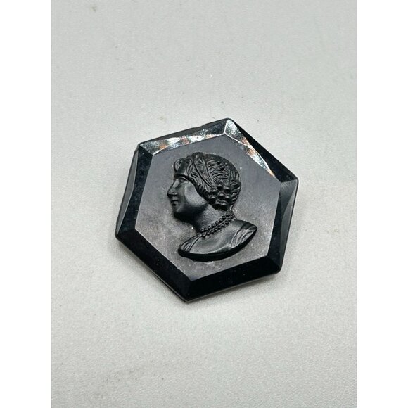 Vintage Black Glass Cameo Pin Brooch Hexagon Left Face Antique Mourning Jewelry - Picture 7 of 8